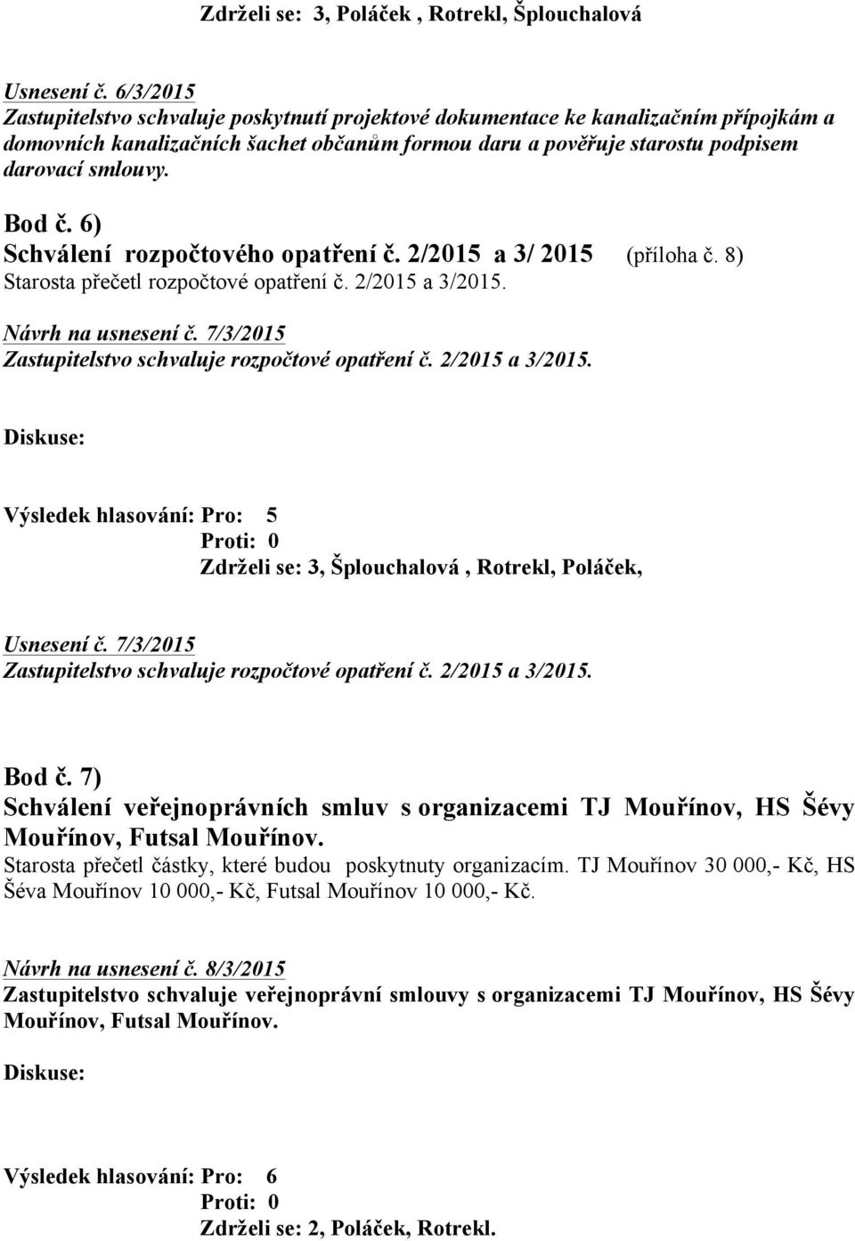 6) Schválení rozpočtového opatření č. 2/2015 a 3/ 2015 (příloha č. 8) Starosta přečetl rozpočtové opatření č. 2/2015 a 3/2015. Návrh na usnesení č.