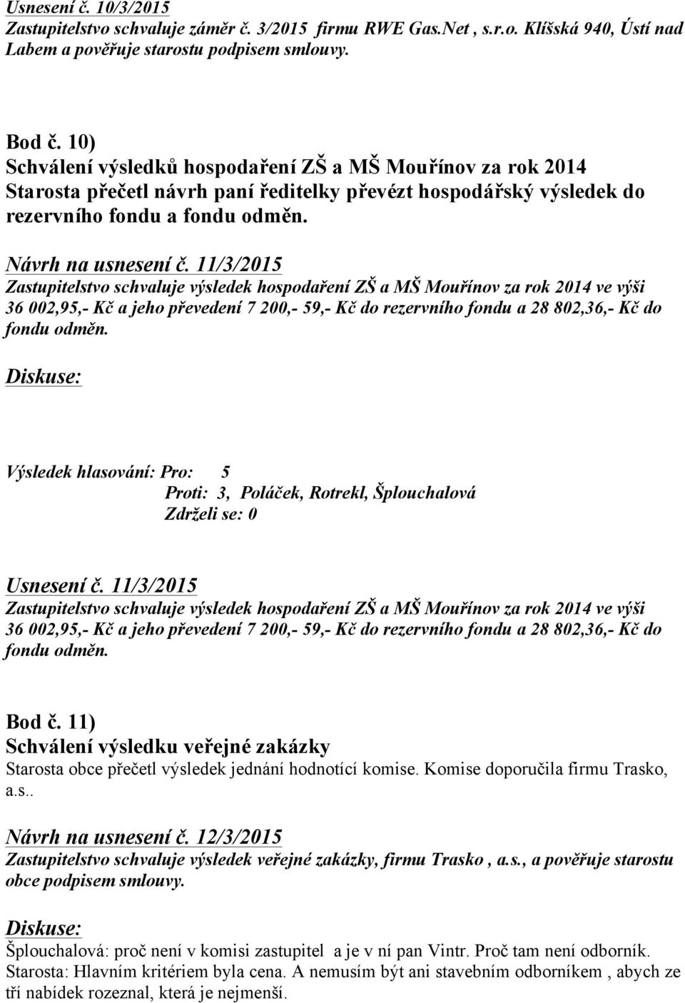11/3/2015 Zastupitelstvo schvaluje výsledek hospodaření ZŠ a MŠ Mouřínov za rok 2014 ve výši 36 002,95,- Kč a jeho převedení 7 200,- 59,- Kč do rezervního fondu a 28 802,36,- Kč do fondu odměn.