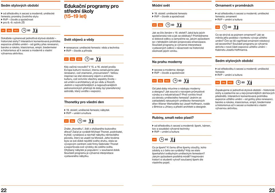 Edukační programy pro střední školy (15 19 let) Svět objevů a vědy W renesance: umělecké řemeslo: věda a technika W RVP člověk a příroda Módní svět W 19.