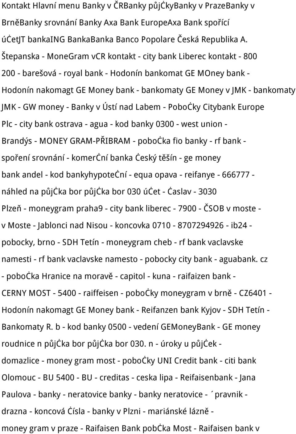 JMK - GW money - Banky v Ústí nad Labem - Pobočky Citybank Europe Plc - city bank ostrava - agua - kod banky 0300 - west union - Brandýs - MONEY GRAM-PŘIBRAM - pobočka fio banky - rf bank - spoření