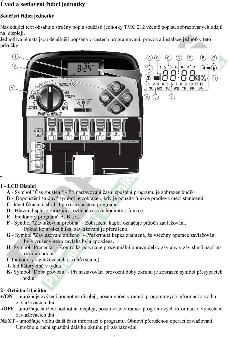 1 - LCD Displej A - Symbol "Čas spuštění" - Při nastavování času spuštění programu je zobrazen budík.