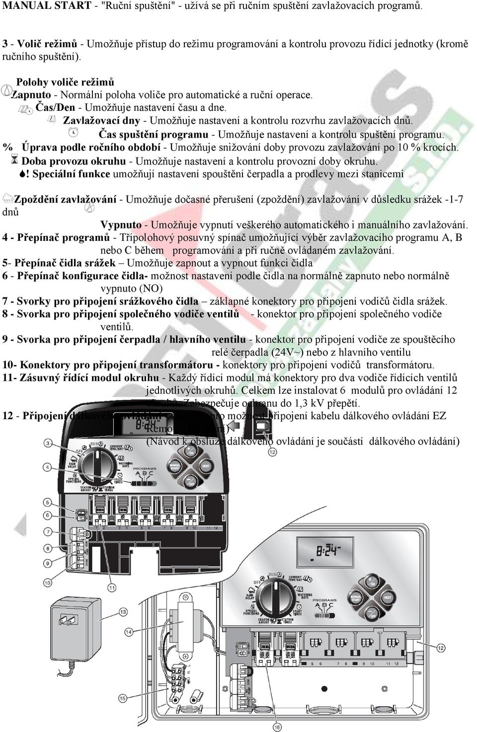 Polohy voliče režimů Zapnuto - Normální poloha voliče pro automatické a ruční operace. Čas/Den - Umožňuje nastavení času a dne.