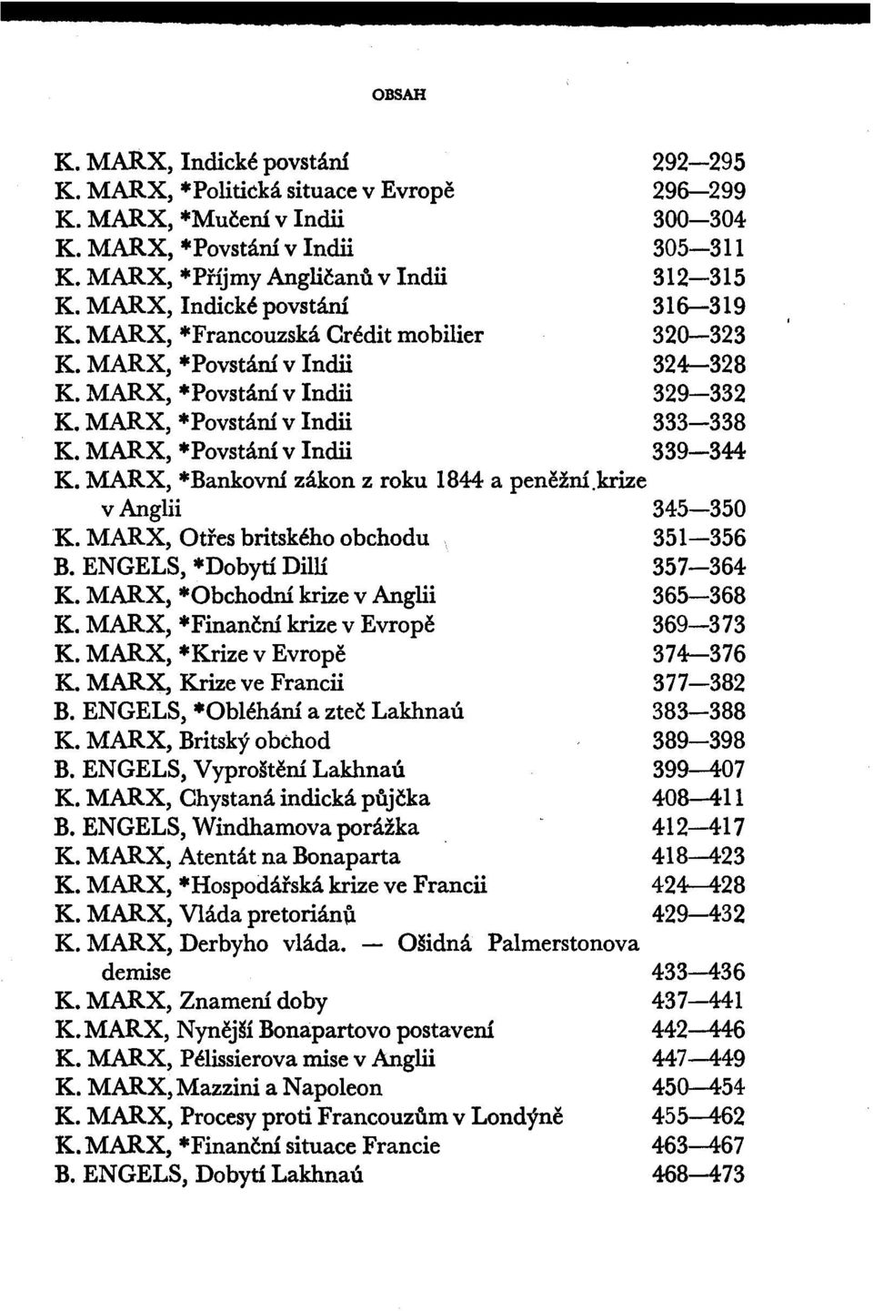 ENGELS, *Dobytí Dillí 357-364 K. MARX, *Obchodní krize v Anglii 365-368 K. MARX, *Finanční krize v Evropě 369-373 K. MARX, *Krize v Evropě 374-376 K. MARX, Krize ve Francii 377-382 B.