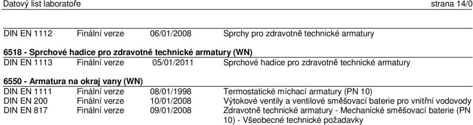 EN 1111 08/01/1998 Termostatické míchací armatury (PN 10) DIN EN 200 10/01/2008 Výtokové ventily a ventilové směšovací baterie pro