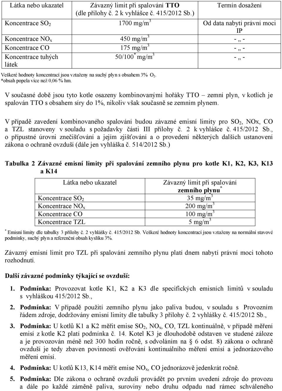 koncentrací jsou vztaženy na suchý plyn s obsahem 3% O 2. *obsah popela více než 0,06 % hm.