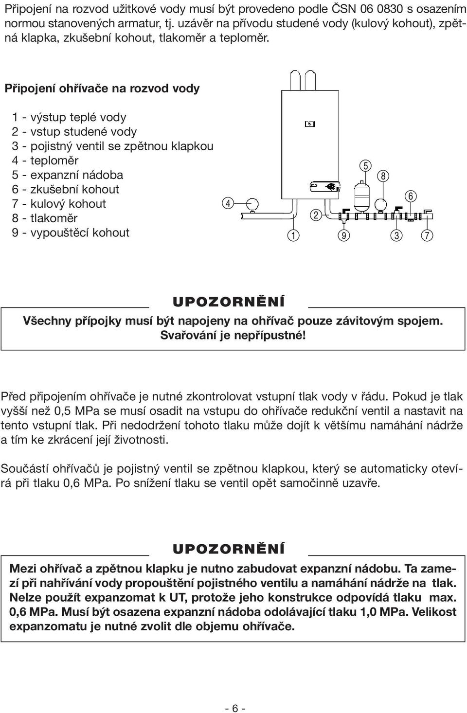 Připojení ohřívače na rozvod vody 1 - výstup teplé vody 2 - vstup studené vody 3 - pojistný ventil se zpětnou klapkou 4 - teploměr 5 - expanzní nádoba 6 - zkušební kohout 7 - kulový kohout 8 -