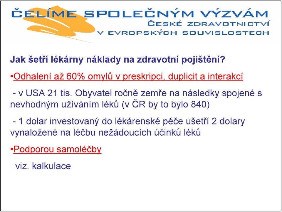 Obyvatel ročně zemře na následky spojené s nevhodným užíváním léků (v ČR by to bylo