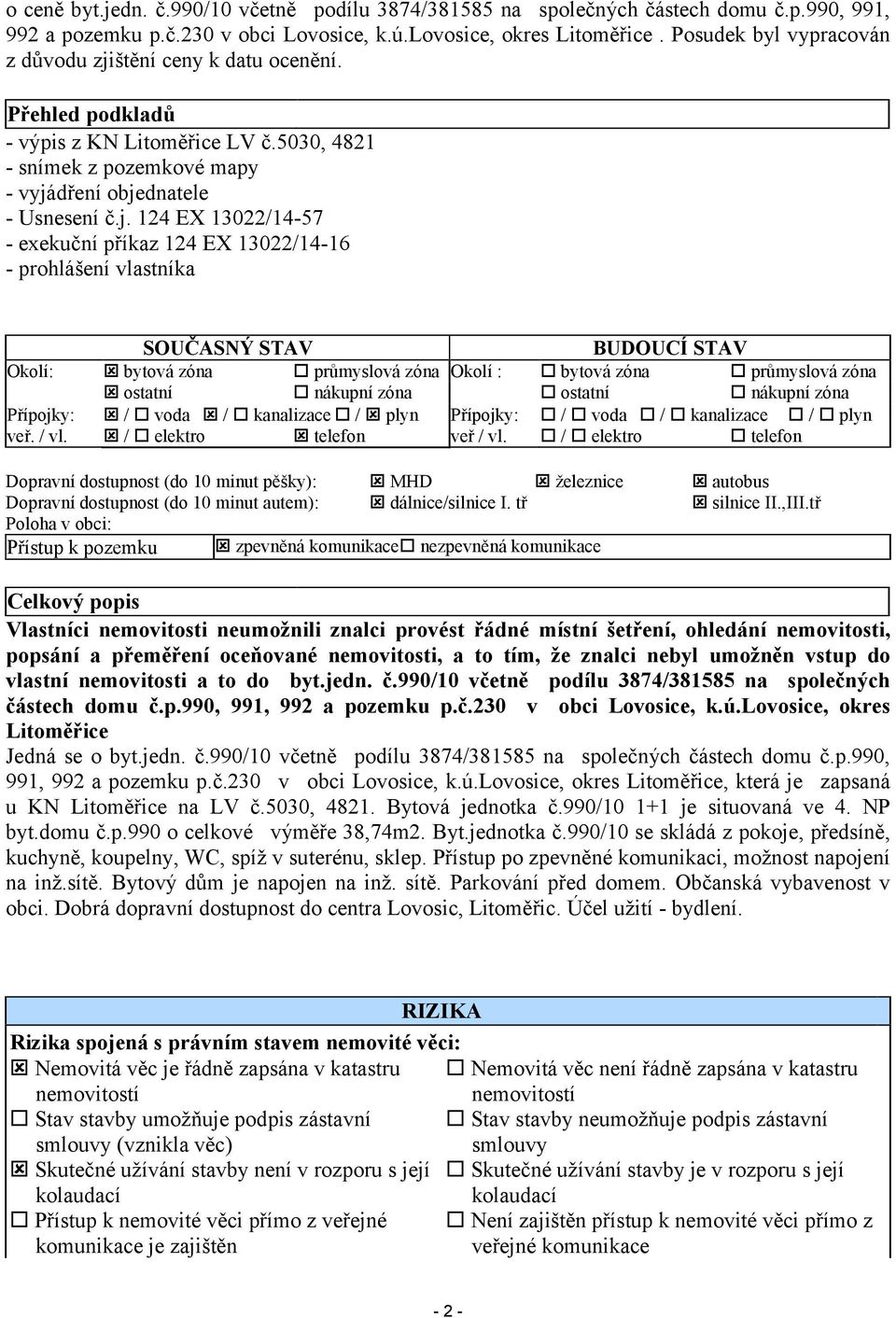 štění ceny k datu ocenění. Přehled podkladů - výpis z KN Litoměřice LV č.5030, 4821 - snímek z pozemkové mapy - vyjá