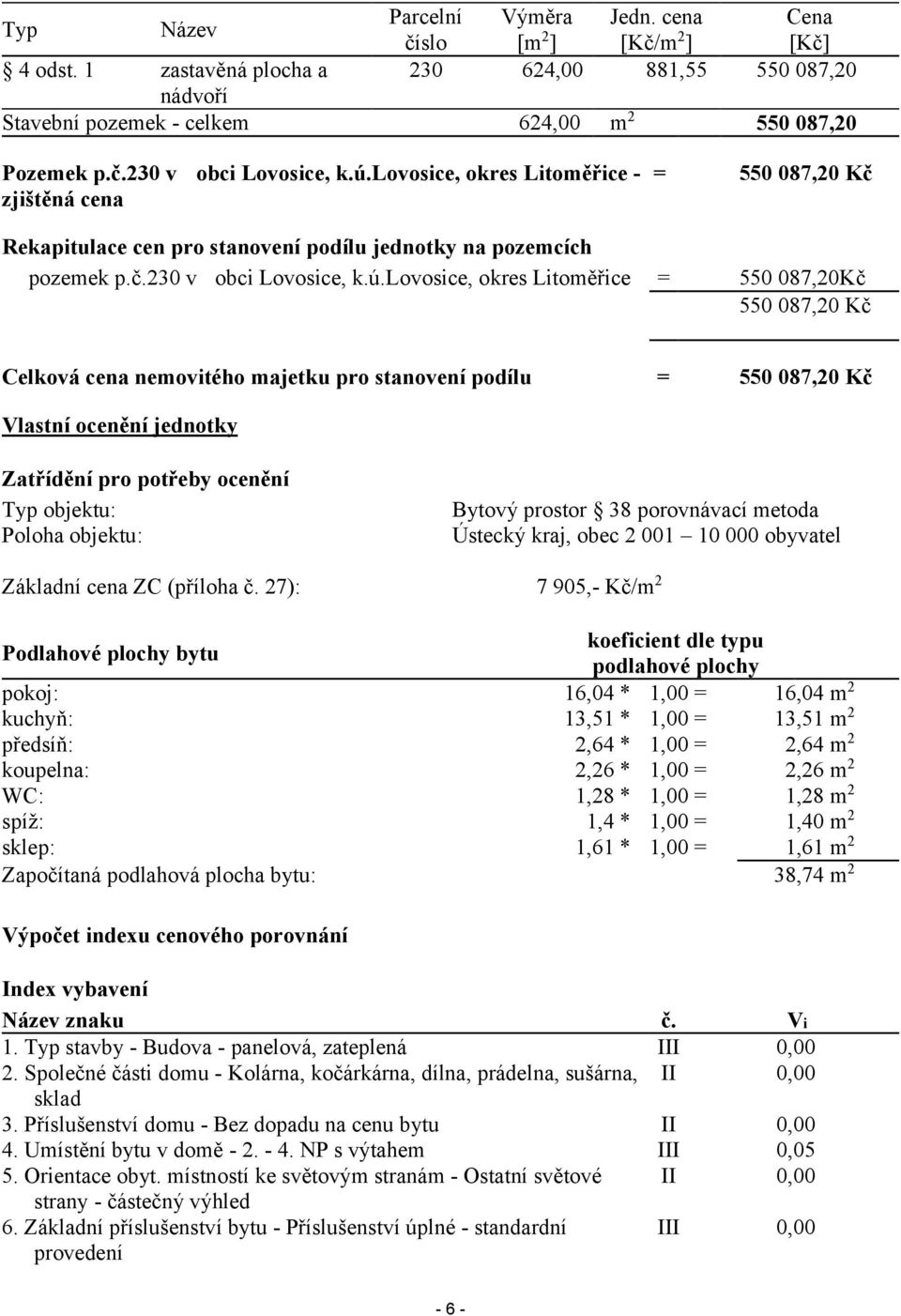 550 087,20 Kč Celková cena nemovitého majetku pro stanovení podílu = 550 087,20 Kč Vlastní ocenění jednotky Zatřídění pro potřeby ocenění Typ objektu: Poloha objektu: Bytový prostor 38 porovnávací