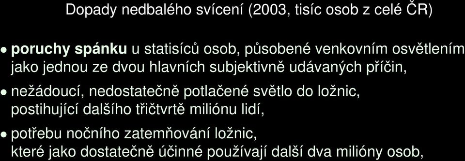 nežádoucí, nedostatečně potlačené světlo do ložnic, postihující dalšího třičtvrtě miliónu