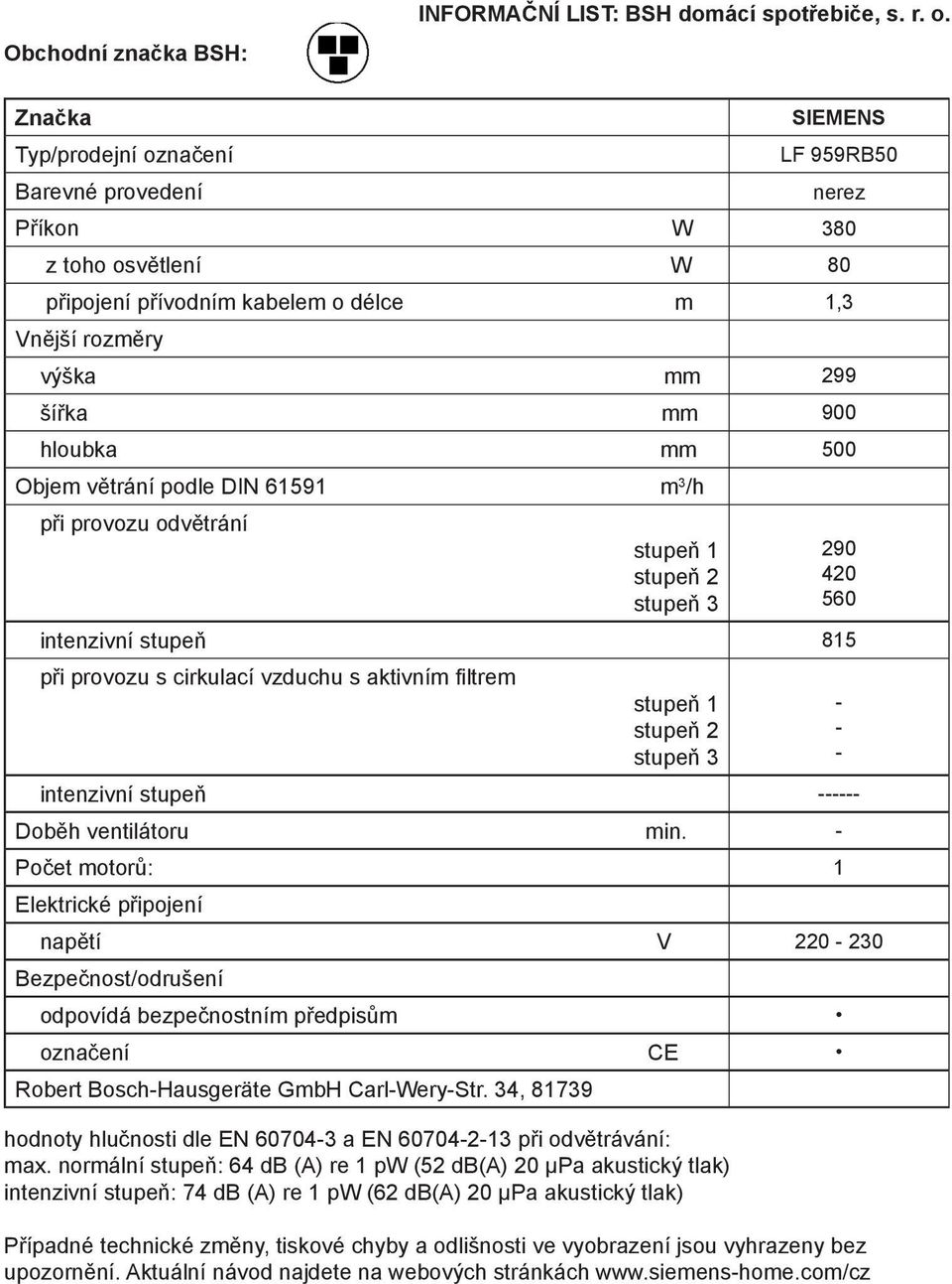 mm 500 Objem větrání podle DIN 61591 m 3 /h při provozu odvětrání stupeň 1 stupeň 2 stupeň 3 intenzivní stupeň 815 při provozu s cirkulací vzduchu s aktivním filtrem stupeň 1 stupeň 2 stupeň 3 290