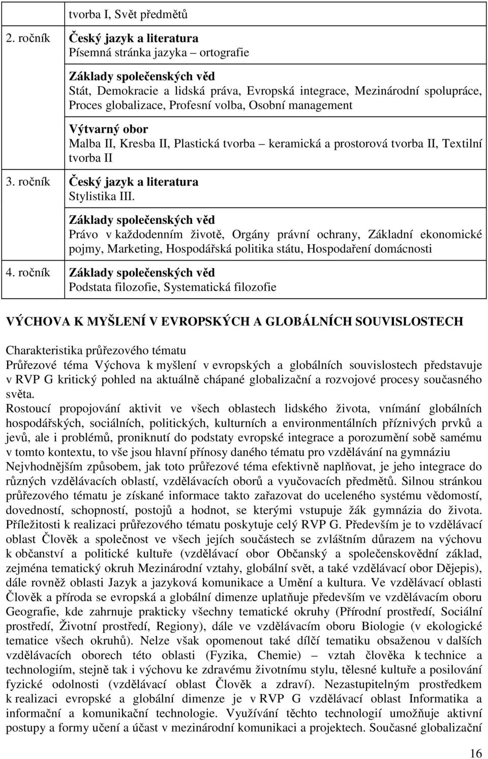 volba, Osobní management Výtvarný obor Malba II, Kresba II, Plastická tvorba keramická a prostorová tvorba II, Textilní tvorba II 3. ročník Český jazyk a literatura Stylistika III.