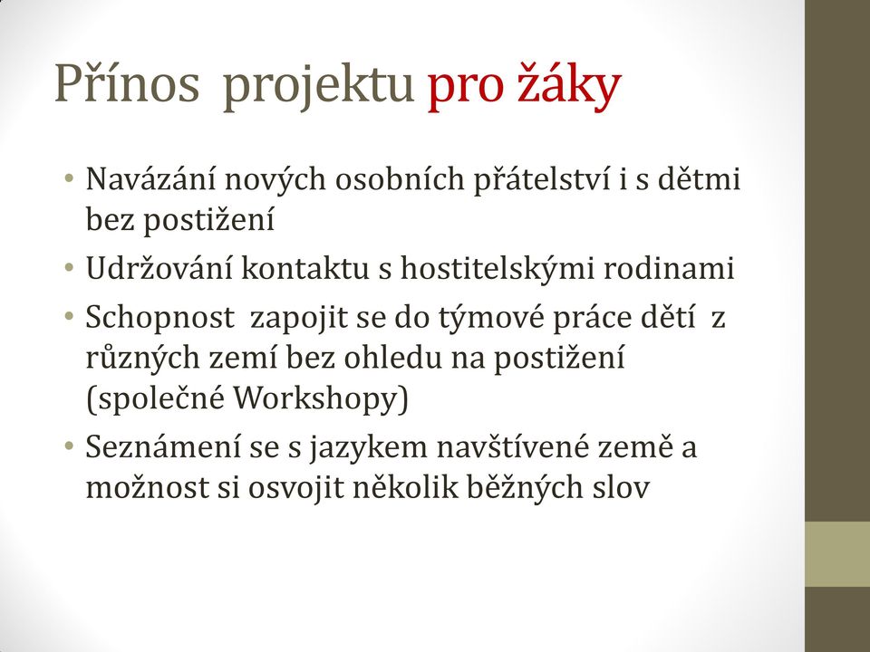 týmové práce dětí z různých zemí bez ohledu na postižení (společné Workshopy)