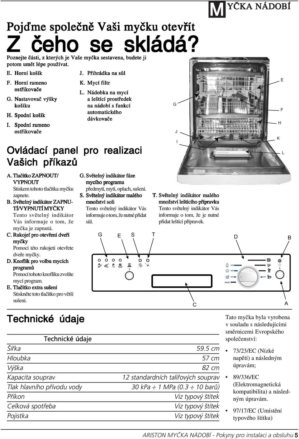 Spodní rameno ostřikovače Ovládací panel pro realizaci Vašich příkazů A.Tlačítko ZAPNOUT/ VYPNOUT Stiskem tohoto tlačítka myčku zapnete. B.