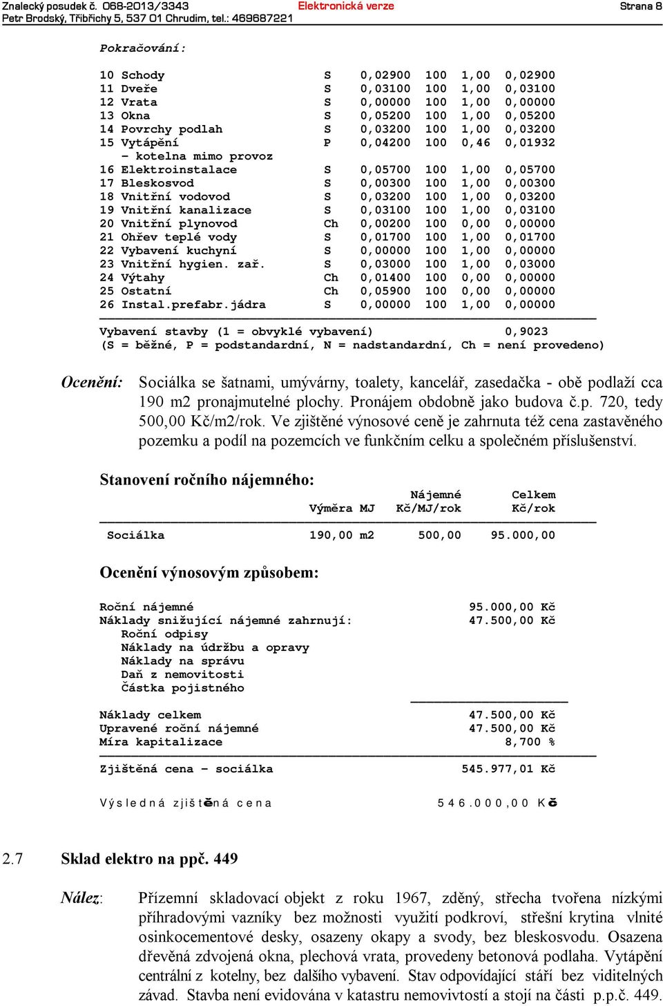 14 Povrchy podlah S 0,03200 100 1,00 0,03200 15 Vytápění P 0,04200 100 0,46 0,01932 - kotelna mimo provoz 16 Elektroinstalace S 0,05700 100 1,00 0,05700 17 Bleskosvod S 0,00300 100 1,00 0,00300 18