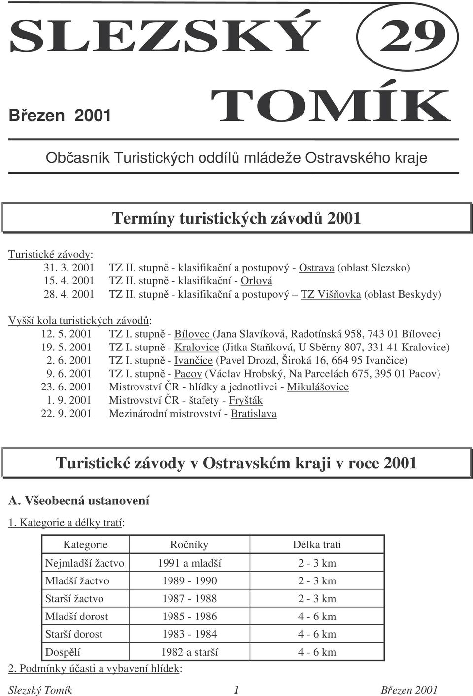 5. 2001 TZ I. stupn - Bílovec (Jana Slavíková, Radotínská 958, 743 01 Bílovec) 19. 5. 2001 TZ I. stupn - Kralovice (Jitka Staková, U Sbrny 807, 331 41 Kralovice) 2. 6. 2001 TZ I. stupn - Ivanice (Pavel Drozd, Široká 16, 664 95 Ivanice) 9.