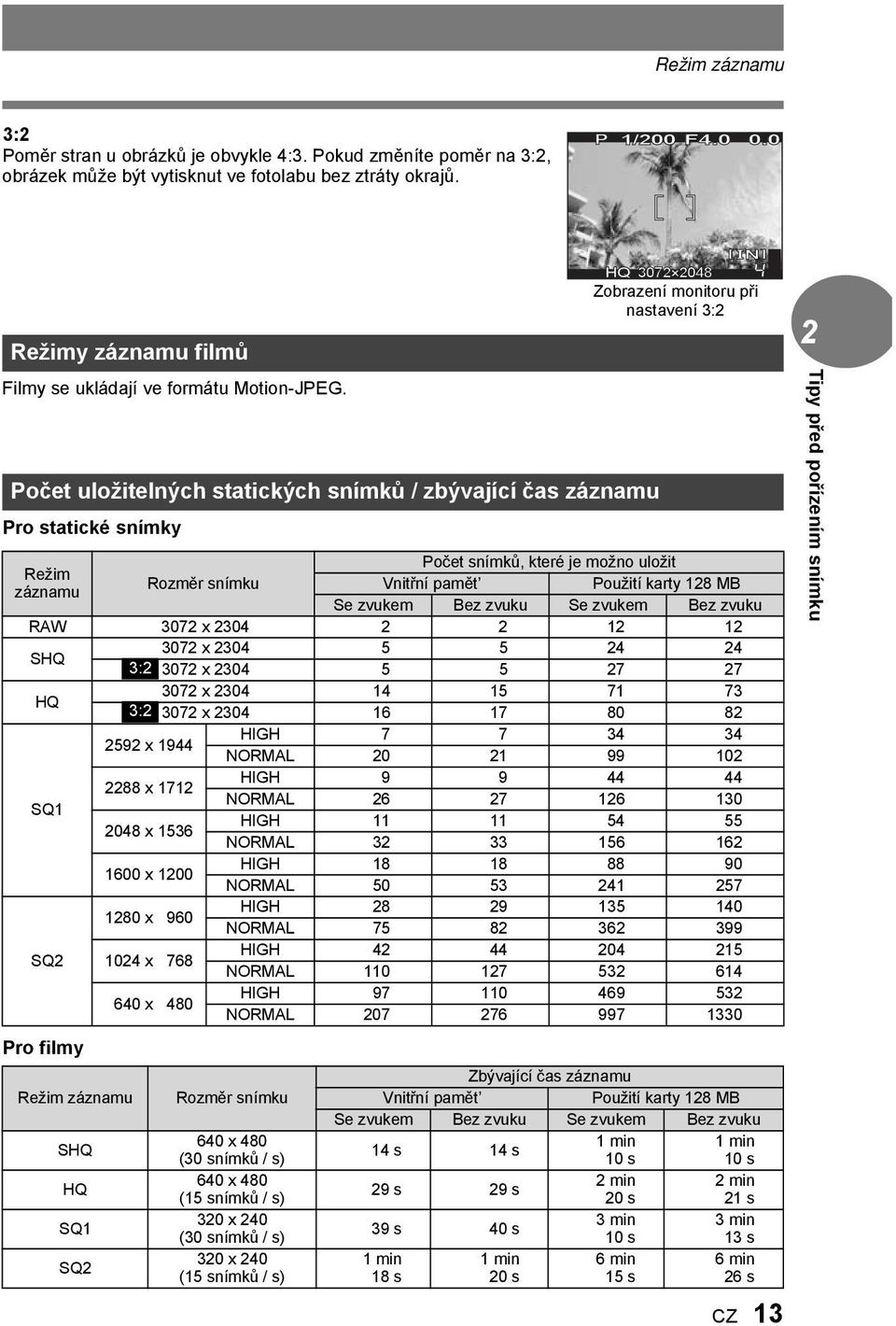 Počet uložitelných statických snímků / zbývající čas záznamu Pro statické snímky Počet snímků, které je možno uložit Režim Rozměr snímku Vnitřní pamět Použití karty 8 MB záznamu Se zvukem Bez zvuku