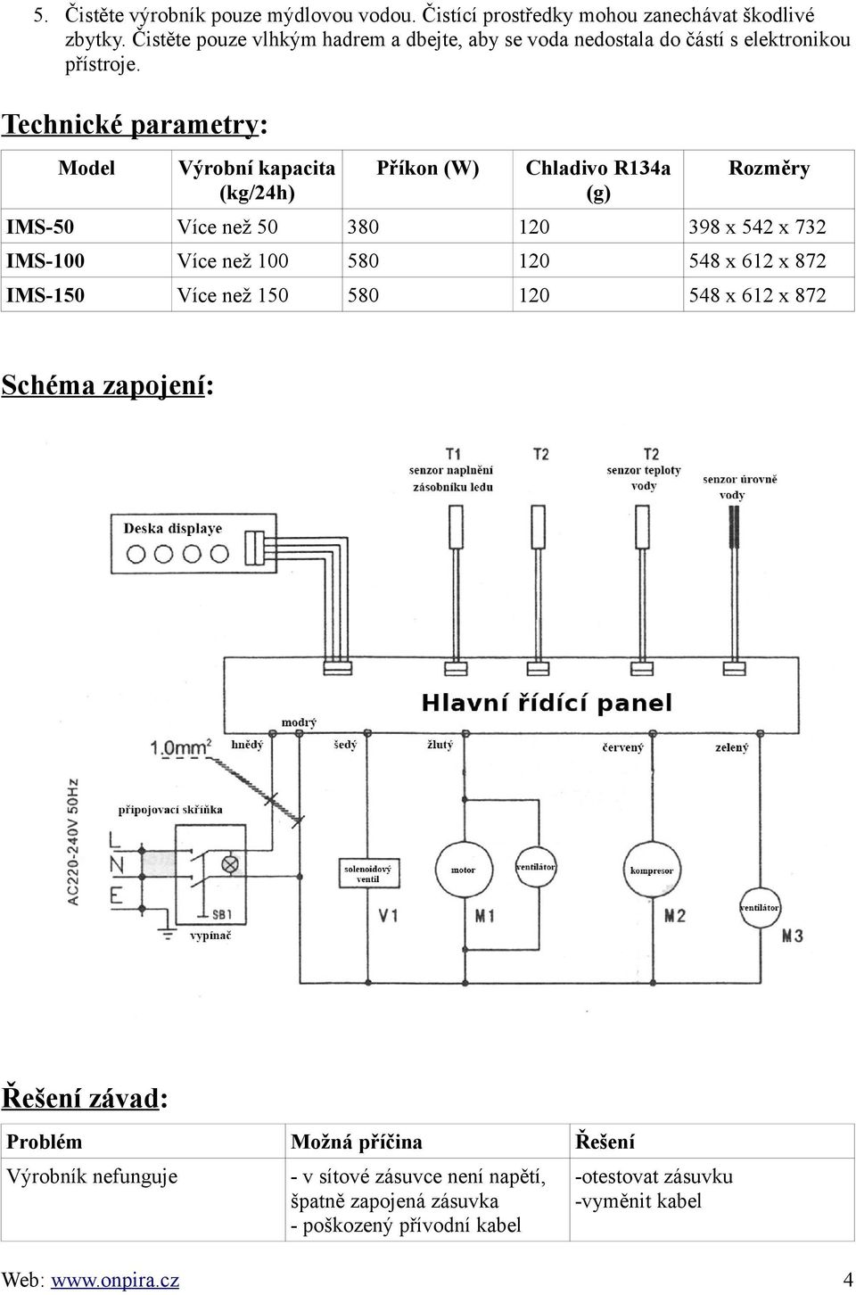 Technické parametry: Model Výrobní kapacita (kg/24h) Příkon (W) Chladivo R134a (g) Rozměry IMS-50 Více než 50 380 120 398 x 542 x 732 IMS-100 Více než 100