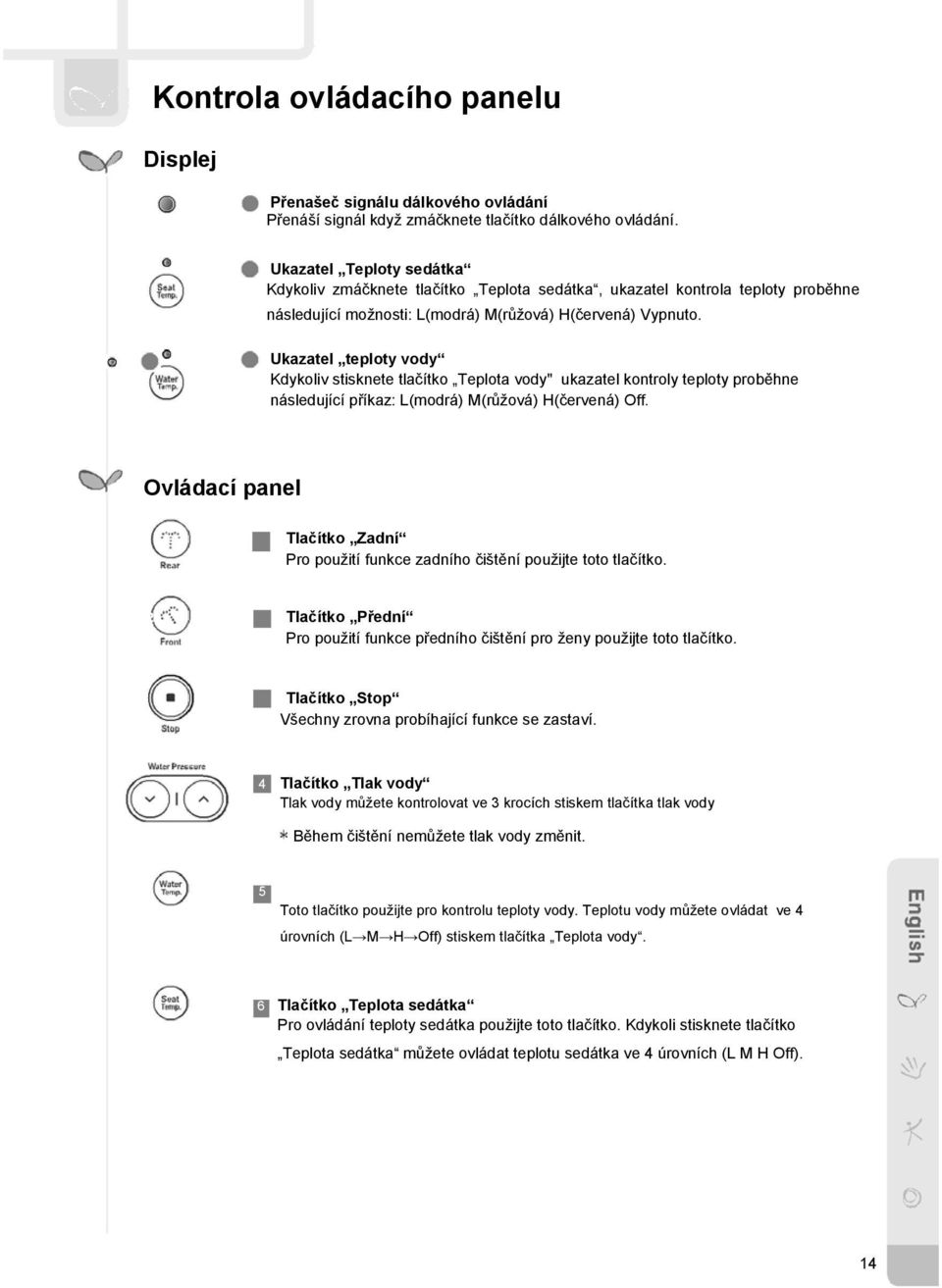 Ukazatel teploty vody Kdykoliv stisknete tlačítko Teplota vody" ukazatel kontroly teploty proběhne následující příkaz: L(modrá) M(růžová) H(červená) Off.