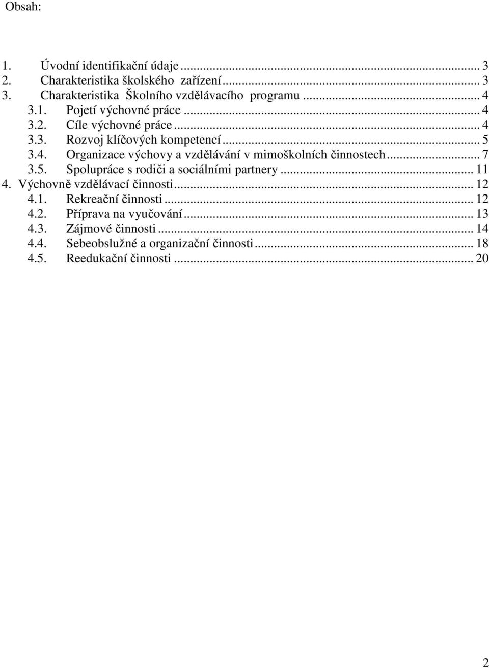 .. 7 3.5. Spolupráce s rodiči a sociálními partnery... 11 4. Výchovně vzdělávací činnosti... 12 4.1. Rekreační činnosti... 12 4.2. Příprava na vyučování.