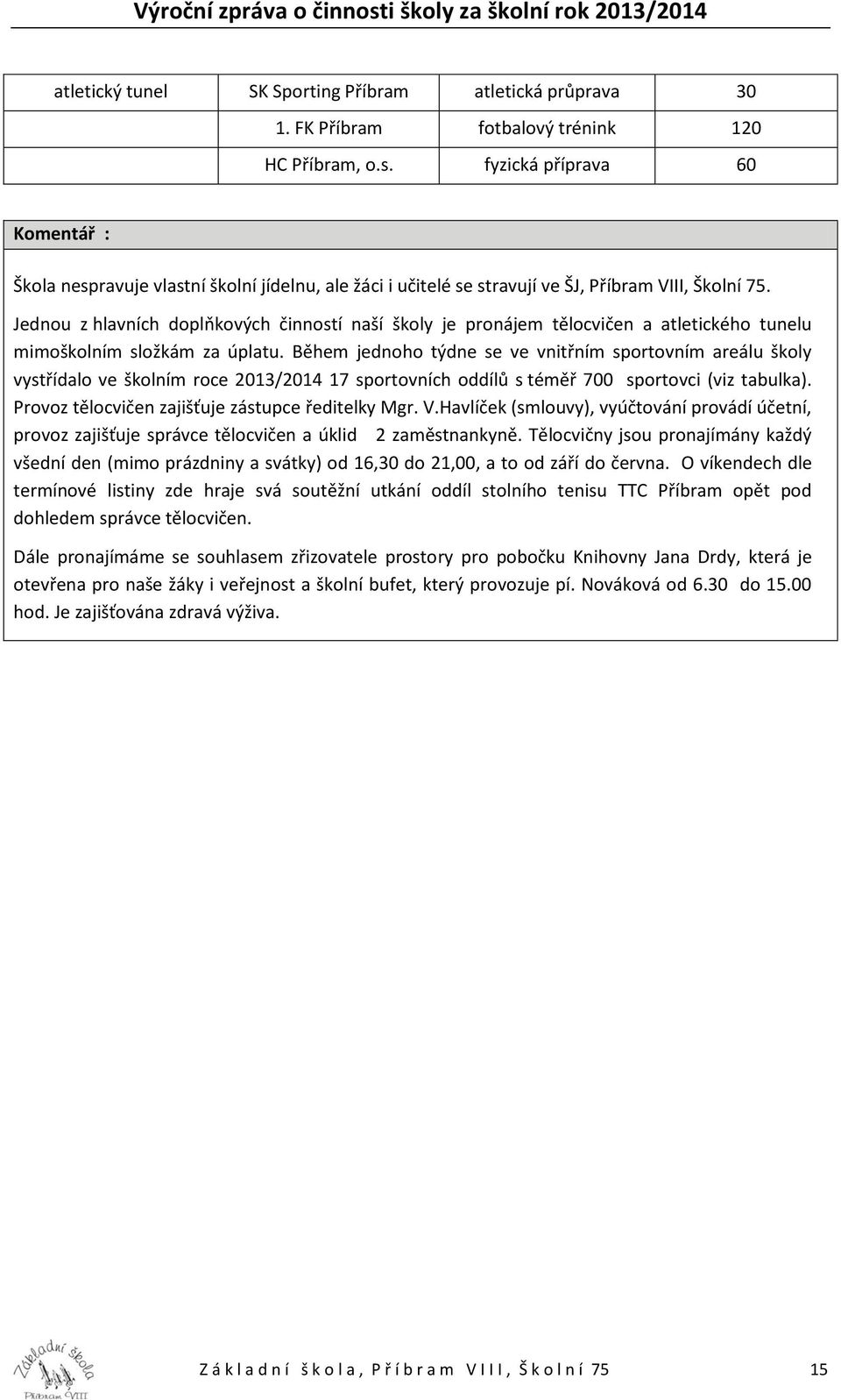 Jednou z hlavních doplňkových činností naší školy je pronájem tělocvičen a atletického tunelu mimoškolním složkám za úplatu.