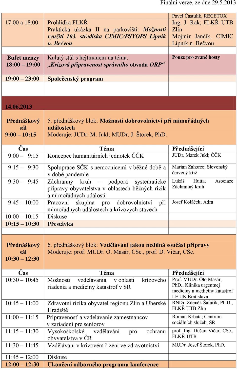 Bečvou Bufet menzy 18:00 19:00 Kulatý stůl s hejtmanem na téma: Krizová připravenost správního obvodu ORP Pouze pro zvané hosty 19:00 23:00 Společenský program 14.06.2013 9:00 10:15 5.