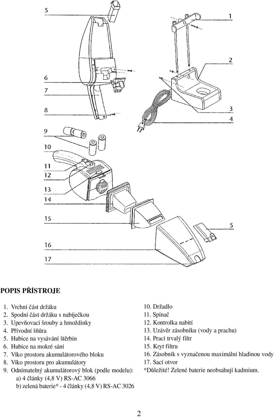 Odnímateln akumulátorov blok (podle modelu): a) 4 ãlánky (4,8 V) RS-AC 3066 b) zelená baterie* - 4 ãlánky (4,8 V) RS-AC 3026 10. DrÏadlo 11. Spínaã 12.