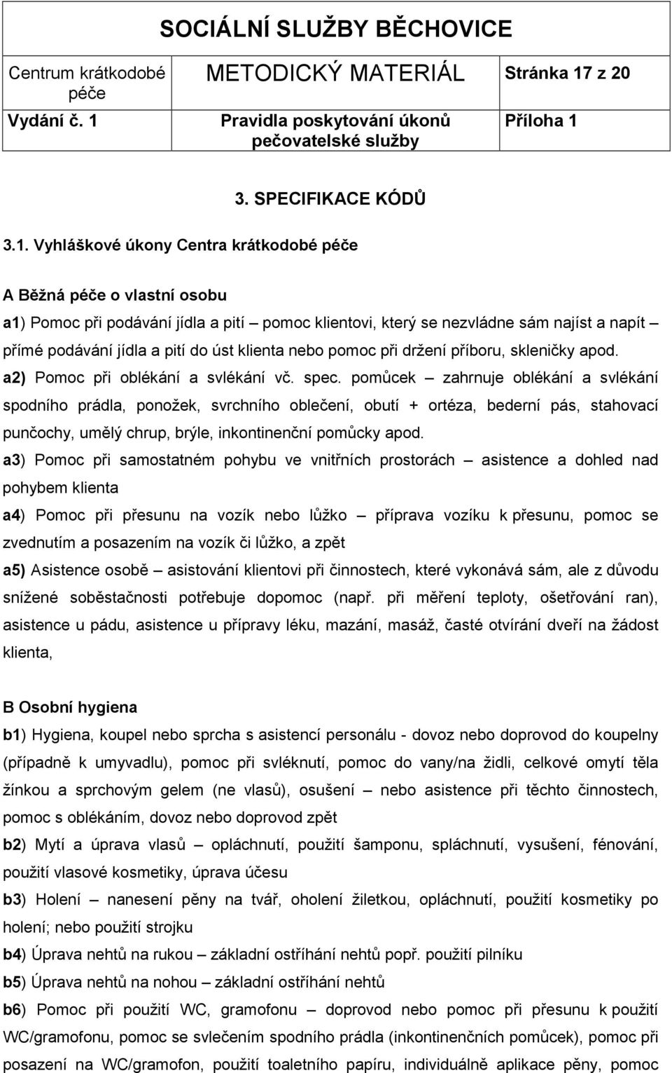 Vyhláškové úkony Centra krátkodobé A Běžná o vlastní osobu a1) Pomoc při podávání jídla a pití pomoc klientovi, který se nezvládne sám najíst a napít přímé podávání jídla a pití do úst klienta nebo