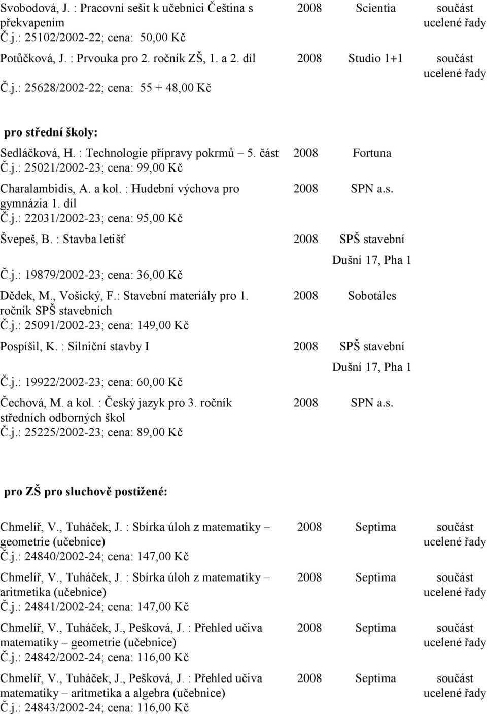 a kol. : Hudební výchova pro gymnázia 1. díl Č.j.: 22031/2002-23; cena: 95,00 Kč 2008 SPN a.s. Švepeš, B. : Stavba letišť 2008 SPŠ stavební Č.j.: 19879/2002-23; cena: 36,00 Kč Dědek, M., Vošický, F.
