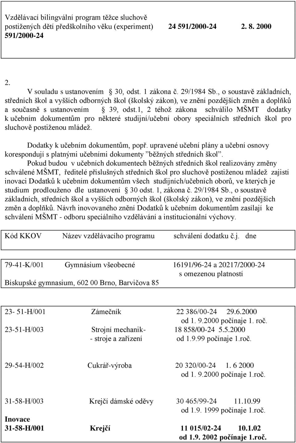 1, 2 téhož zákona schválilo MŠMT dodatky k učebním dokumentům pro některé studijní/učební obory speciálních středních škol pro sluchově postiženou mládež. Dodatky k učebním dokumentům, popř.