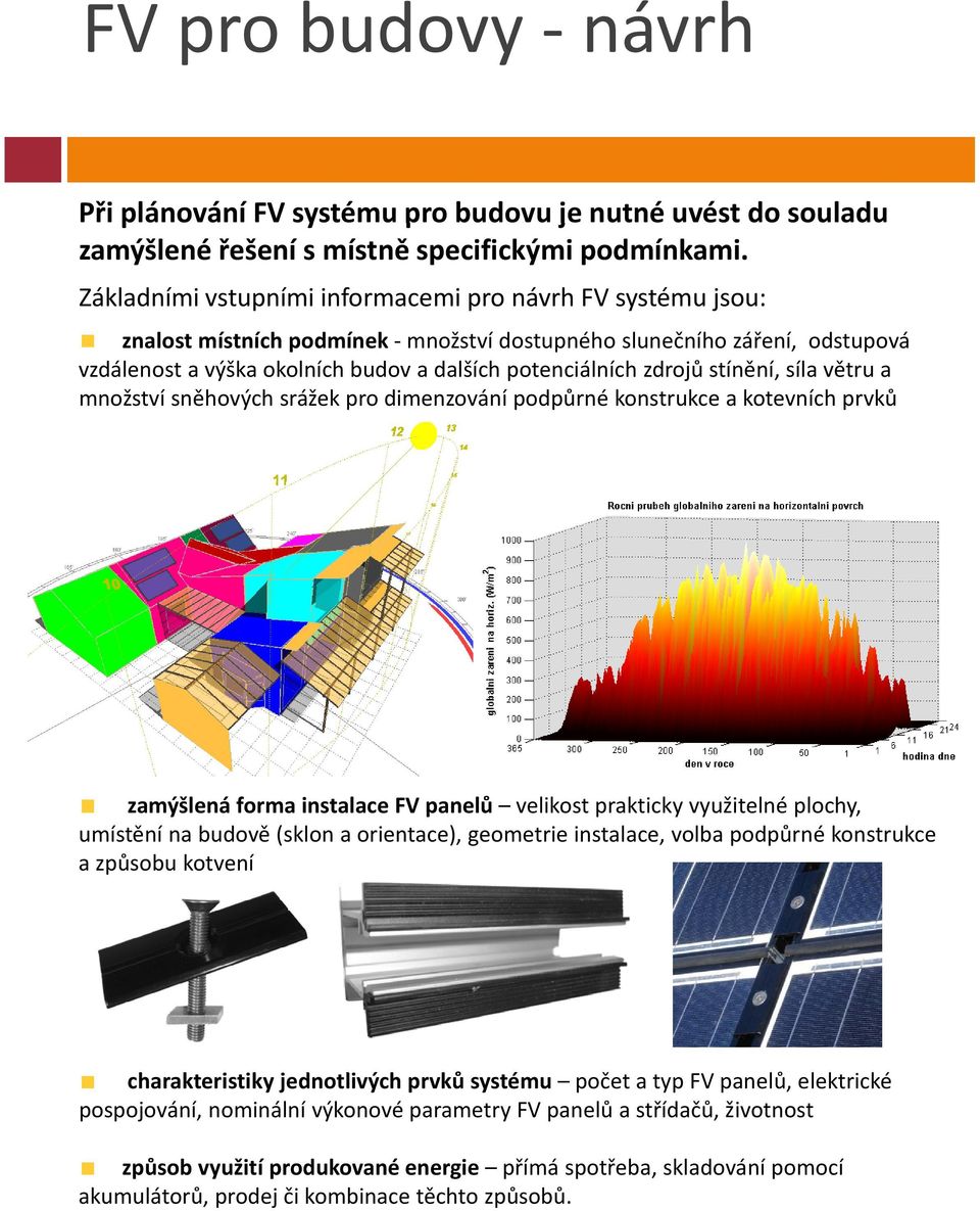 stínění, síla větru a množství žtísněhových hsrážek pro dimenzování podpůrné ů konstrukce k a kotevních kt íhprvků zamýšlená forma instalace FV panelů velikost prakticky využitelné plochy, umístění