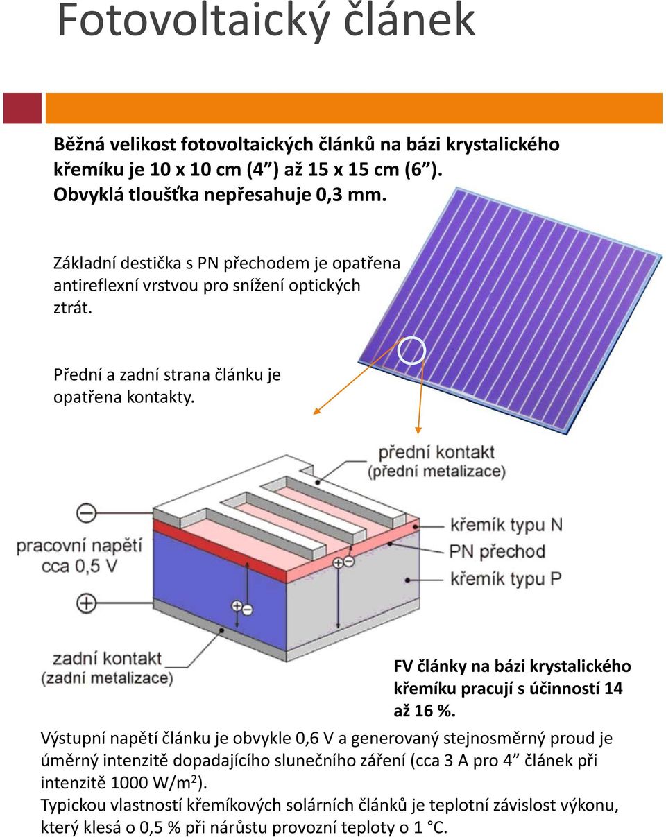 FV články na bázi krystalického křemíku pracují s účinností 14 až 16 %.