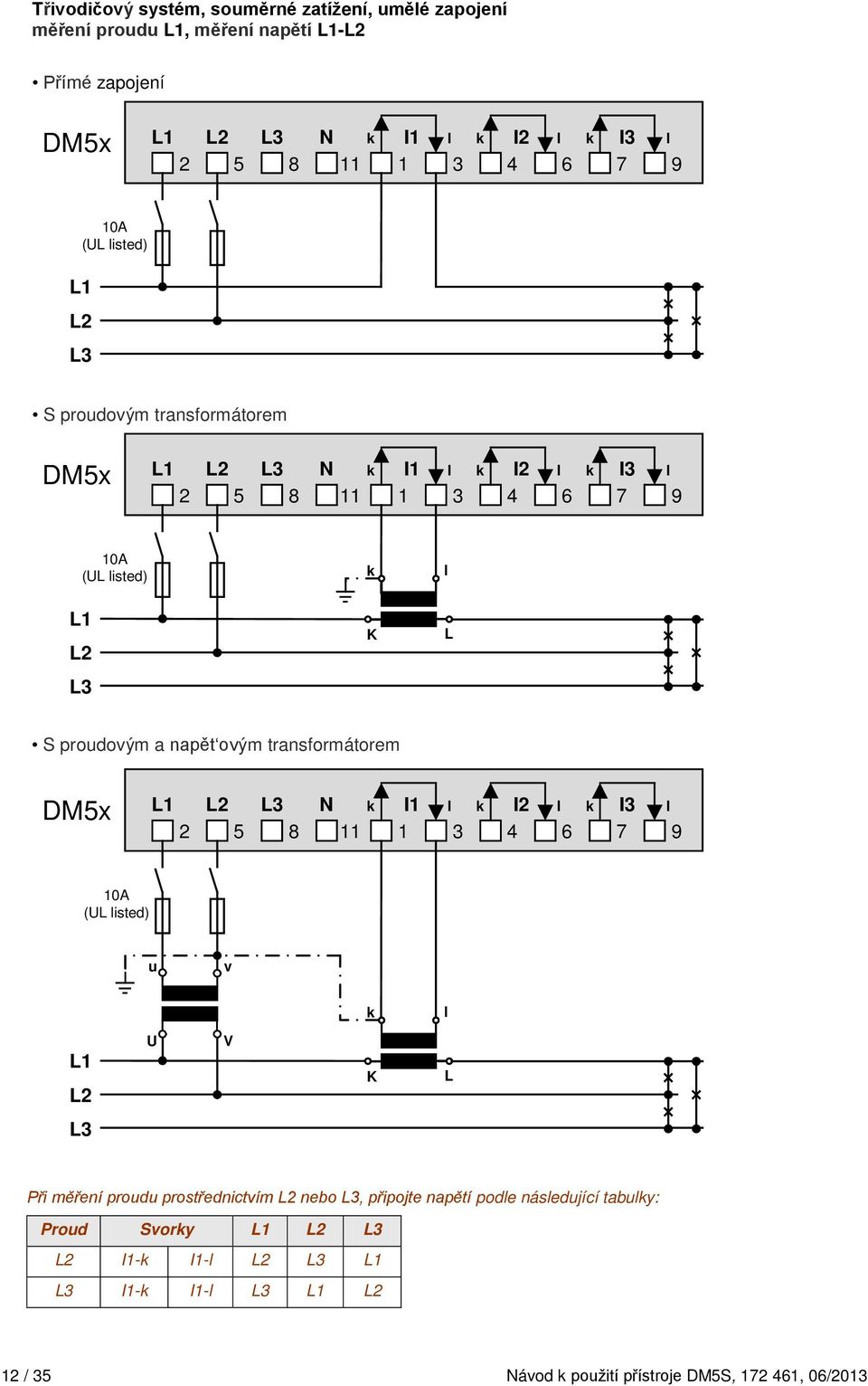 transformátorem 1 2 3 N I1 I2 I3 ( isted) u v 1 2 V 3 Při měření proudu prostřednictvím 2 nebo 3, připojte napětí