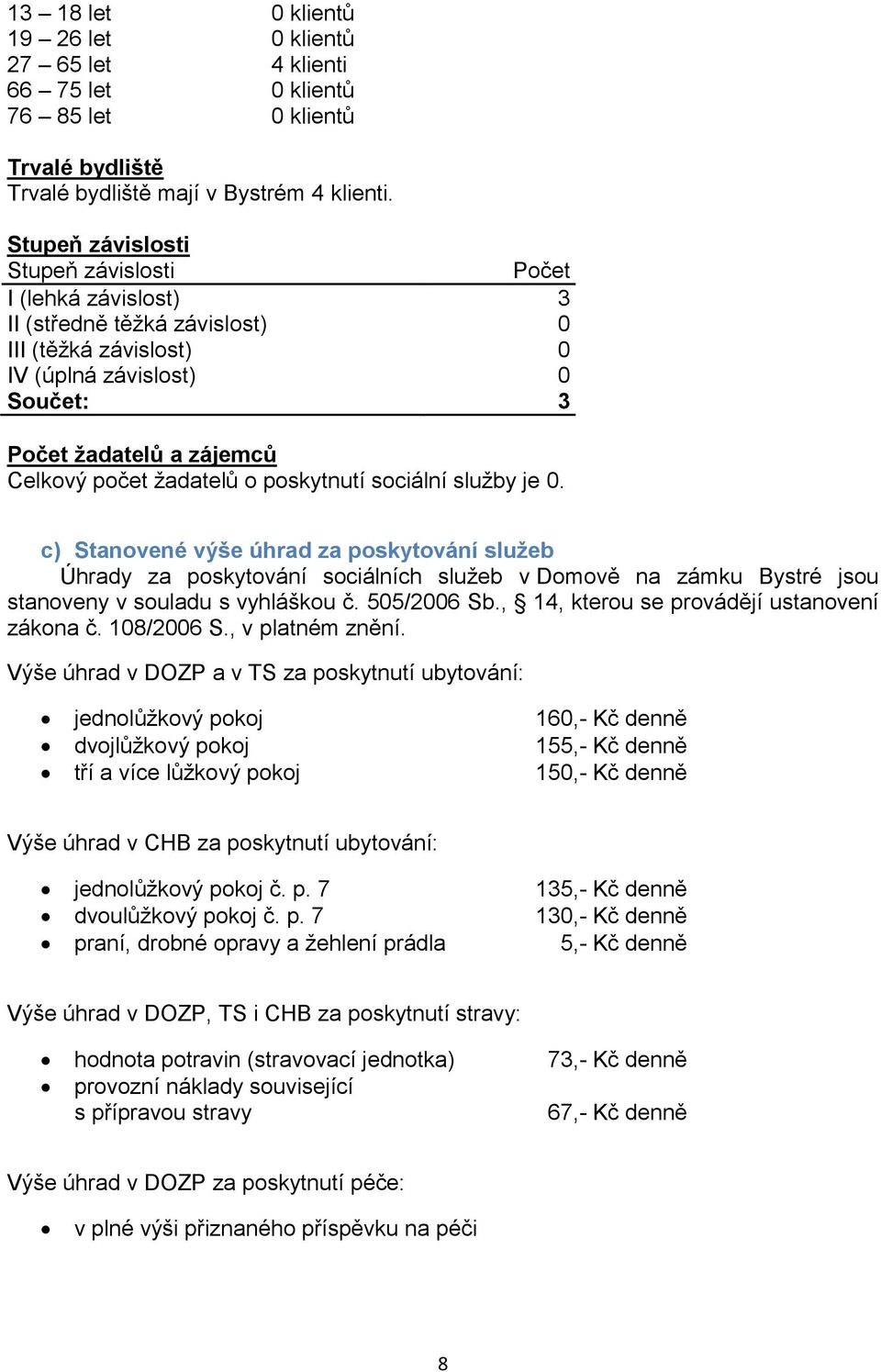 o poskytnutí sociální služby je 0. c) Stanovené výše úhrad za poskytování služeb Úhrady za poskytování sociálních služeb v Domově na zámku Bystré jsou stanoveny v souladu s vyhláškou č. 505/2006 Sb.