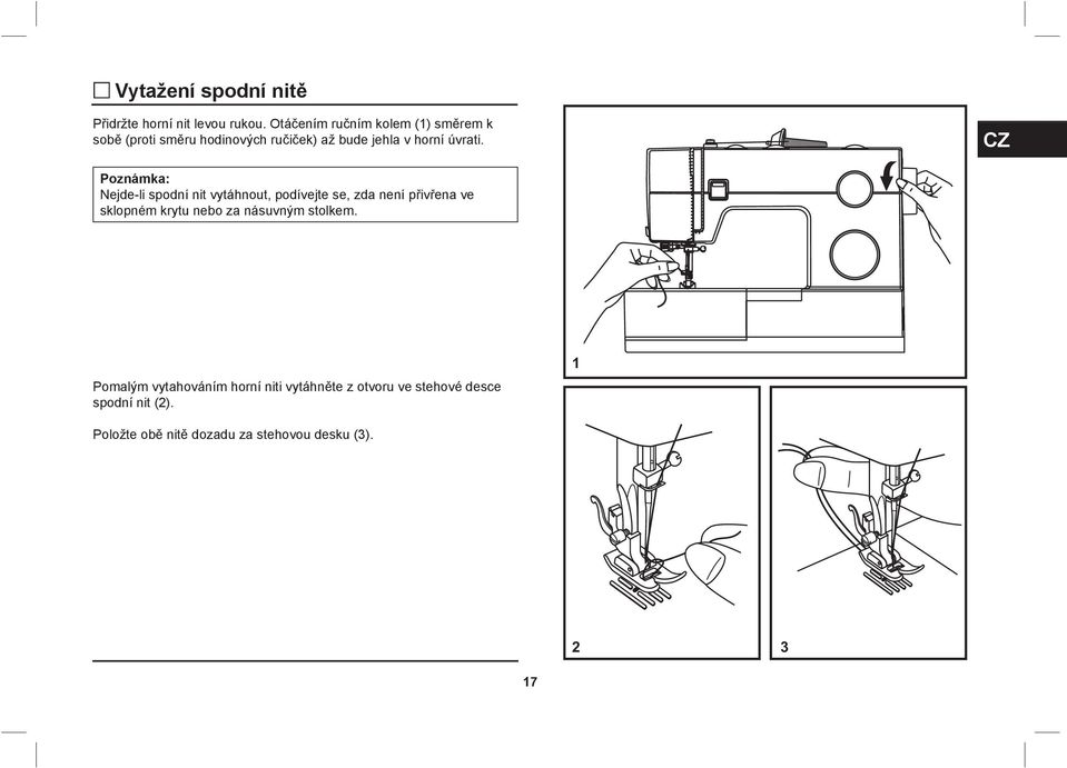 CZ Poznámka: Nejde-li spodní nit vytáhnout, podívejte se, zda není přivřena ve sklopném krytu nebo za