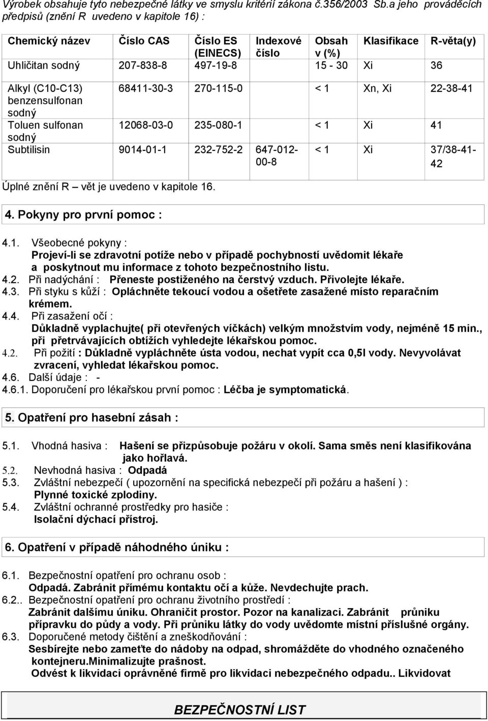36 Alkyl (C10-C13) benzensulfonan sodný Toluen sulfonan sodný Subtilisin 9014-01-1 232-752-2 647-012- 00-8 Úplné znění R vět je uvedeno v kapitole 16. 4.