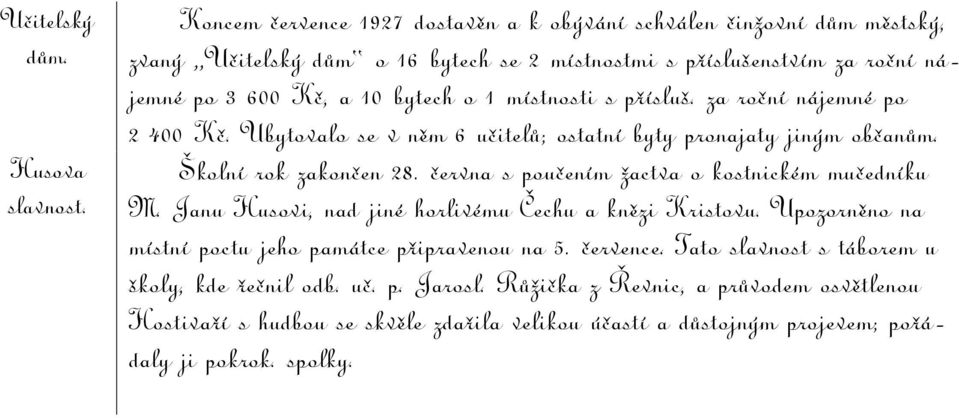 místnosti s přísluš. za roční nájemné po 2 400 Kč. Ubytovalo se v něm 6 učitelů; ostatní byty pronajaty jiným občanům. Školní rok zakončen 28.