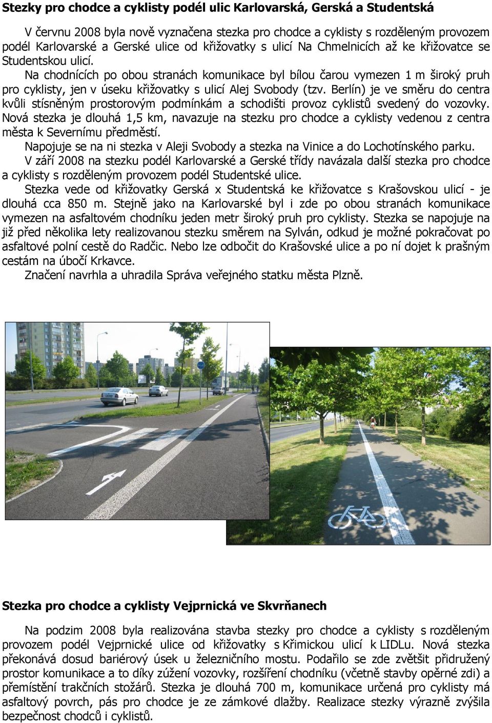 Na chodnících po obou stranách komunikace byl bílou čarou vymezen 1 m široký pruh pro cyklisty, jen v úseku křižovatky s ulicí Alej Svobody (tzv.