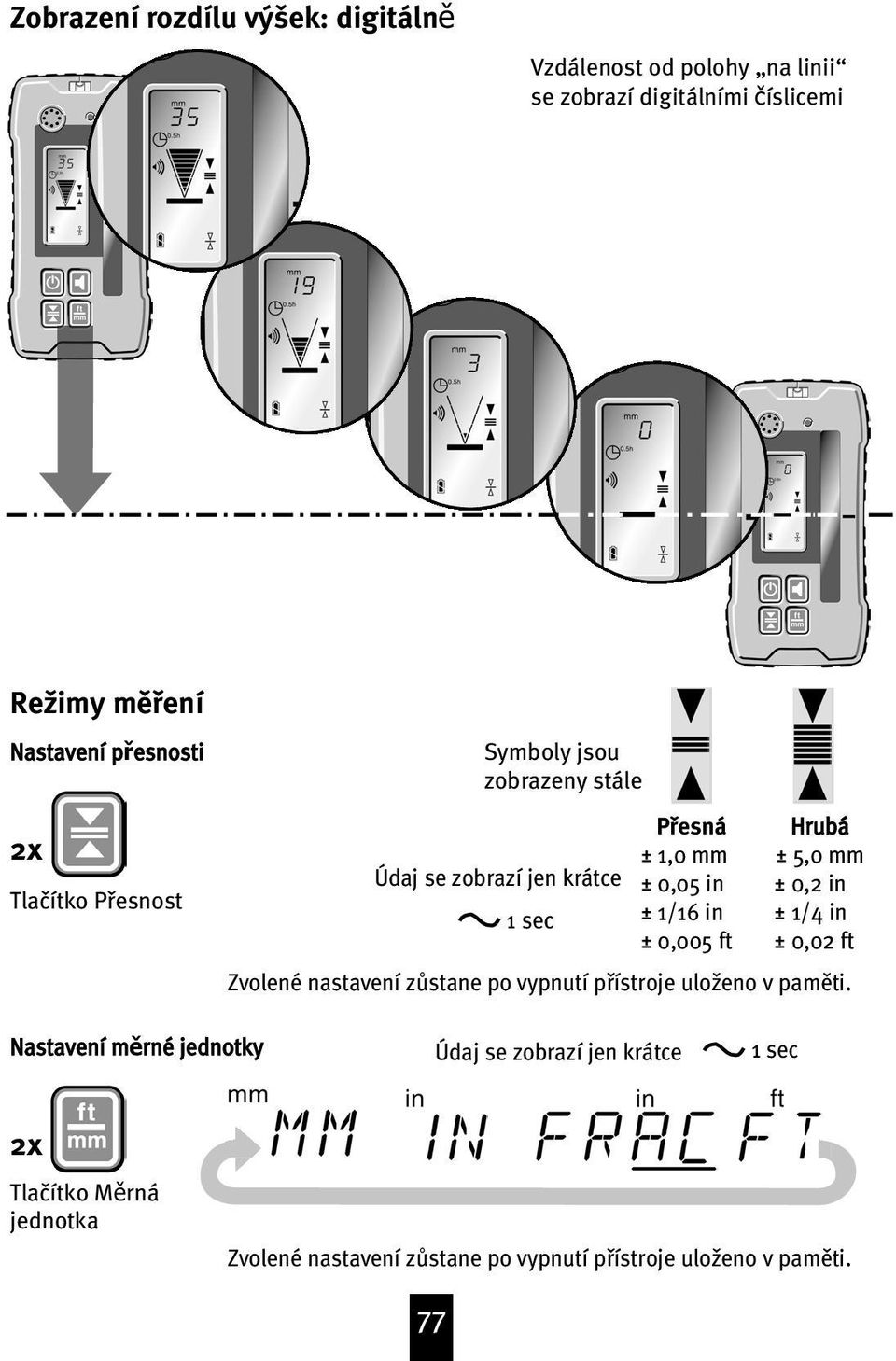 0,005 ft Hrubá ± 5,0 mm ± 0,2 in ± 1/4 in ± 0,02 ft Zvolené nastavení zƒstane po vypnutí pøístroje ulo{eno v pamœti.