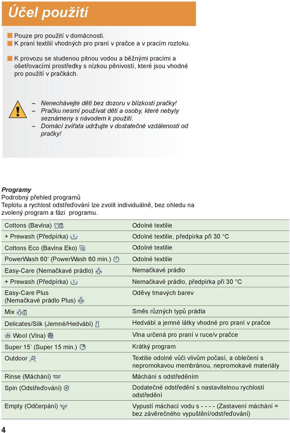 Pračku nesmí používat děti a osoby, které nebyly seznámeny s návodem k použití. Domácí zvířata udržujte v dostatečné vzdálenosti od pračky!