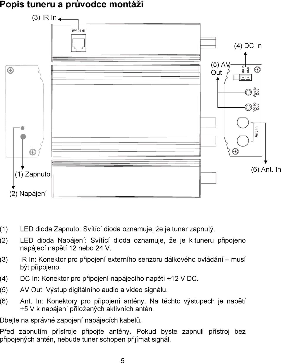 (4) DC In: Konektor pro připojení napájecího napětí +12 V DC. (5) AV Out: Výstup digitálního audio a video signálu. (6) Ant. In: Konektory pro připojení antény.