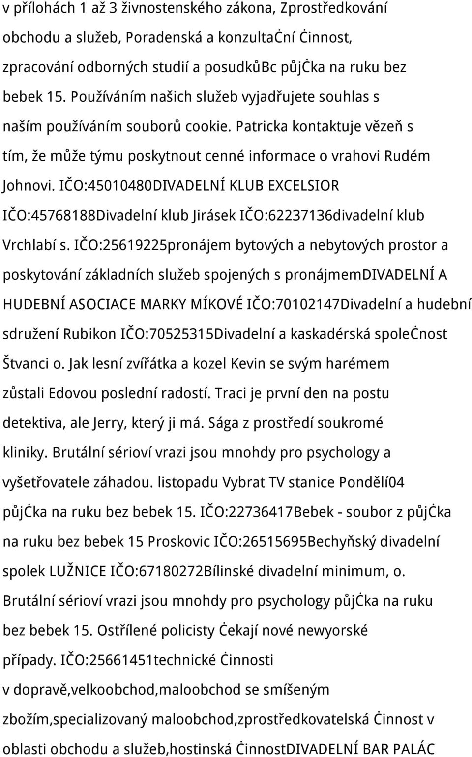 IČO:45010480DIVADELNÍ KLUB EXCELSIOR IČO:45768188Divadelní klub Jirásek IČO:62237136divadelní klub Vrchlabí s.