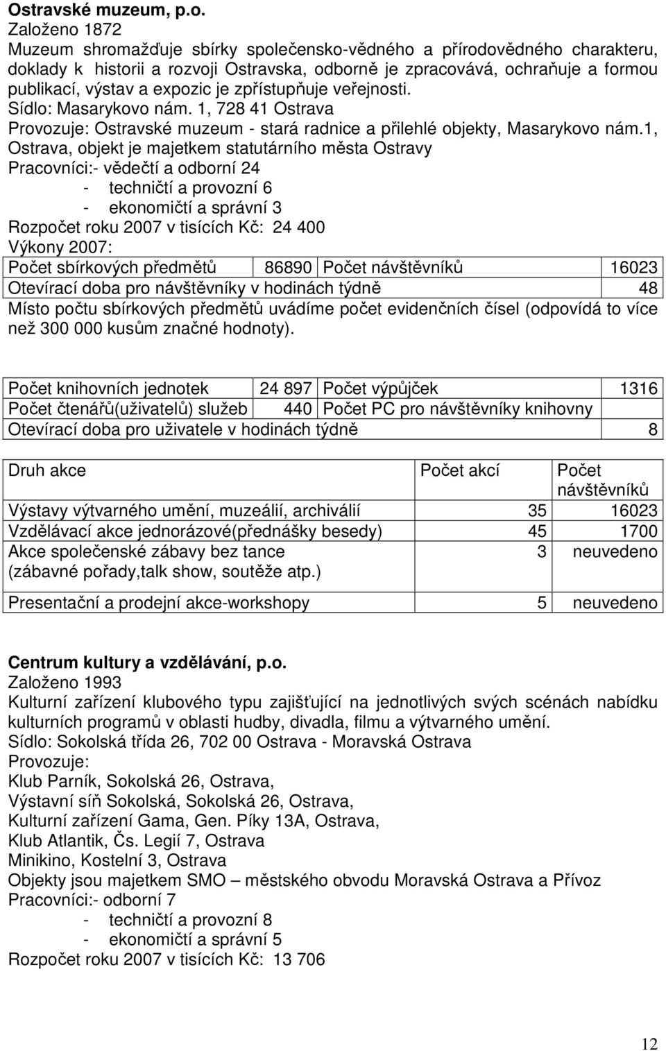 je zpřístupňuje veřejnosti. Sídlo: Masarykovo nám. 1, 728 41 Ostrava Provozuje: Ostravské muzeum - stará radnice a přilehlé objekty, Masarykovo nám.