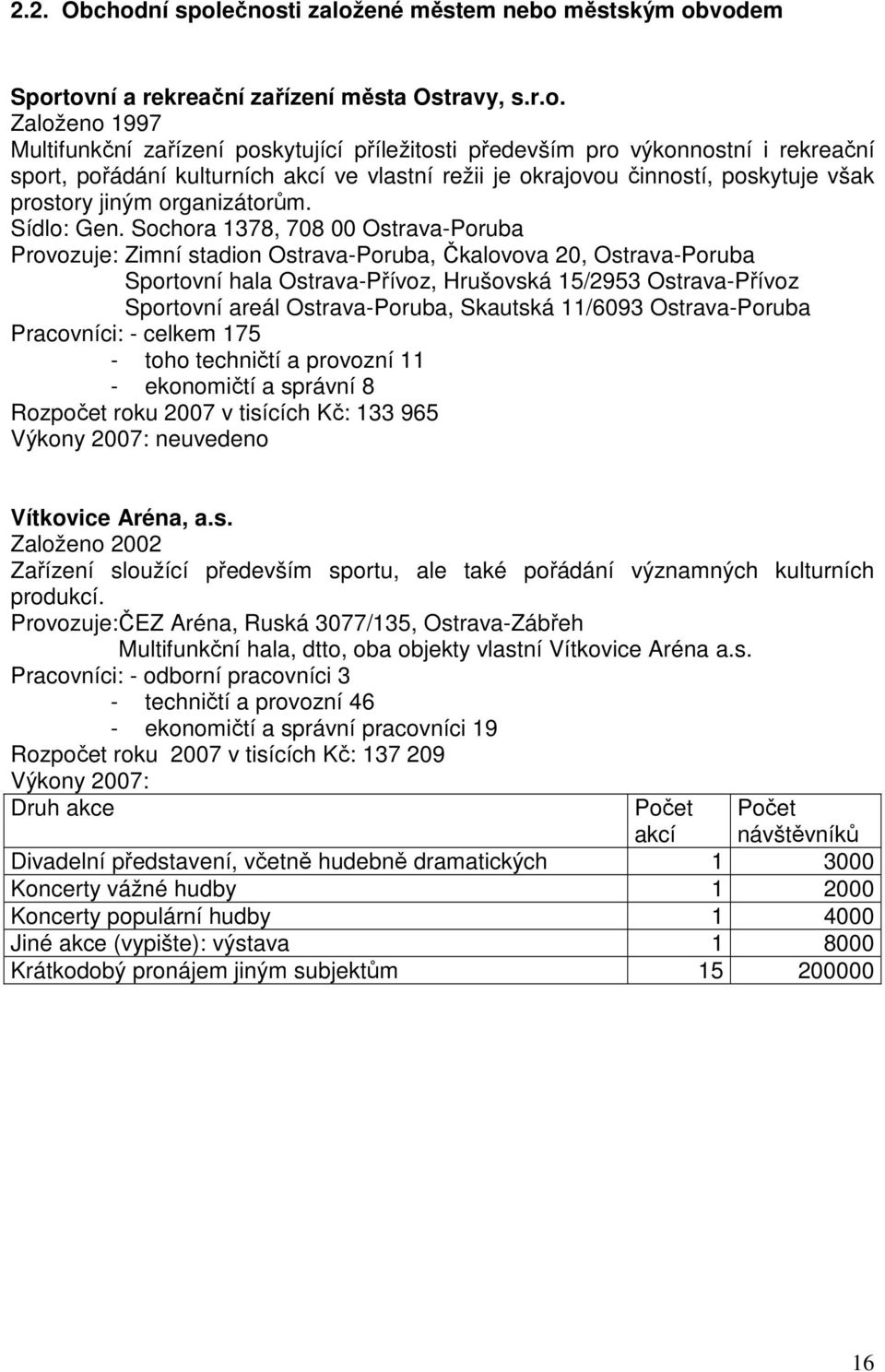 ečnosti založené městem nebo městským obvodem Sportovní a rekreační zařízení města Ostravy, s.r.o. Založeno 1997 Multifunkční zařízení poskytující příležitosti především pro výkonnostní i rekreační