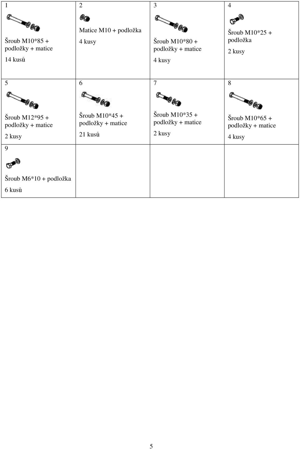 + podložky + matice 2 kusy Šroub M10*45 + podložky + matice 2ů Šroub M10*35 + podložky
