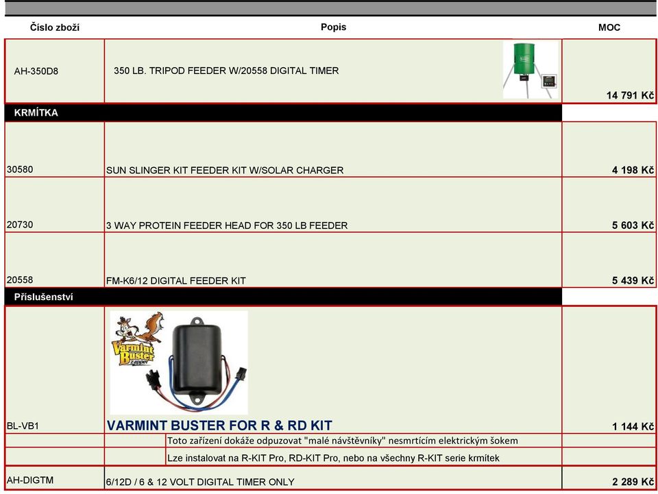 FEEDER HEAD FOR 350 LB FEEDER 5 603 Kč 20558 FM-K6/12 DIGITAL FEEDER KIT 5 439 Kč Příslušenství BL-VB1 AH-DIGTM VARMINT