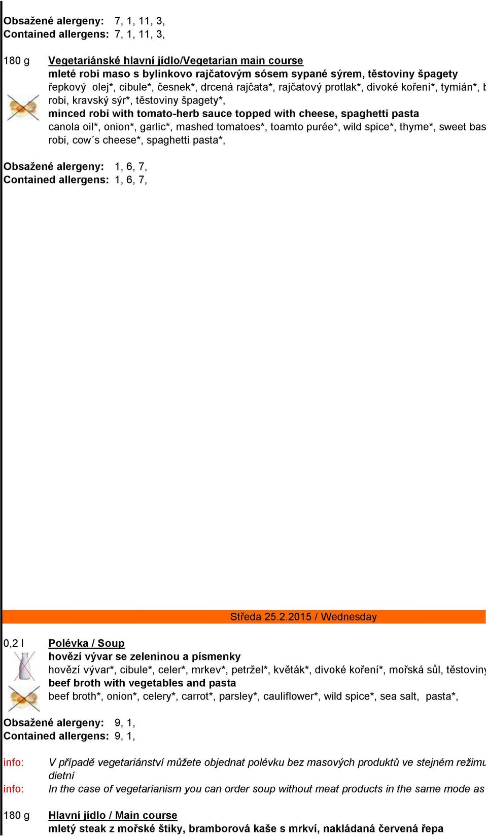 spaghetti pasta canola oil*, onion*, garlic*, mashed tomatoes*, toamto purée*, wild spice*, thyme*, sweet basil*, robi, cow s cheese*, spaghetti pasta*, Obsažené alergeny: 1, 6, 7, Contained