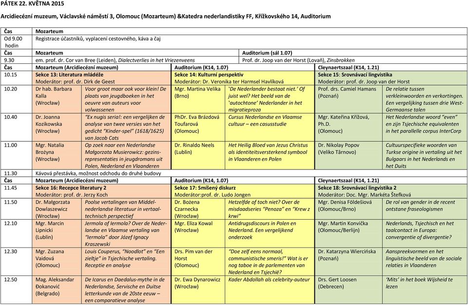 Cor van Bree (Leiden), Dialectverlies in het Vriezenveens Prof. dr. Joop van der Horst (Lovap), Zinsbrokken Čas Mozarteum (Arcidiecézní muzeum) Auditorium (K14, 1.07) Cleynaertszaal (K14, 1.21) 10.