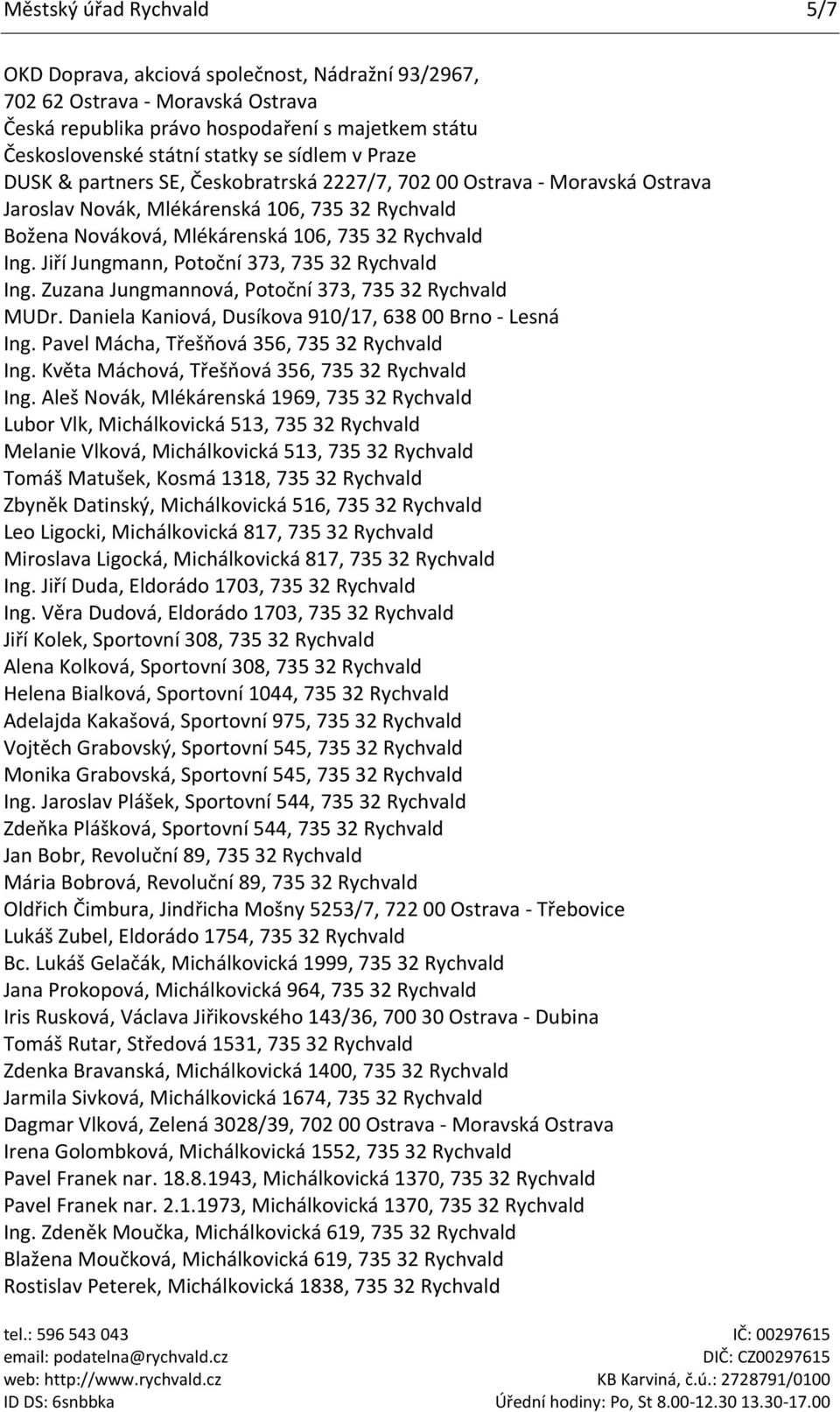 Jiří Jungmann, Potoční 373, 735 32 Rychvald Ing. Zuzana Jungmannová, Potoční 373, 735 32 Rychvald MUDr. Daniela Kaniová, Dusíkova 910/17, 638 00 Brno - Lesná Ing.