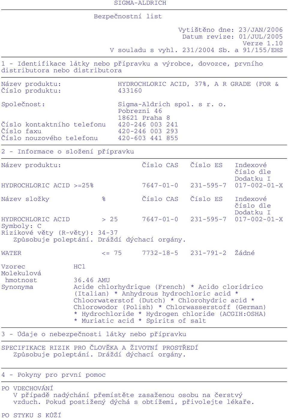 Společnost: Sigma-Aldrich spol. s r. o.